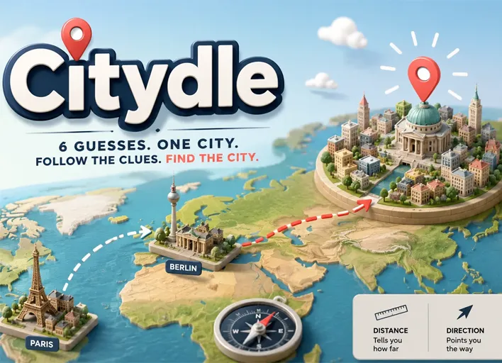 Citydle board with city guesses, distances and arrows