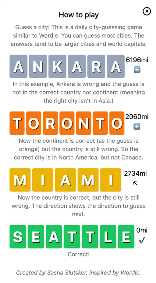 Citydle guess field with city name suggestions