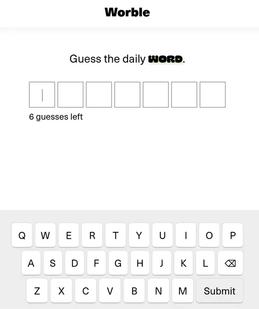 Worble board showing coloured boxes and a shift hint
